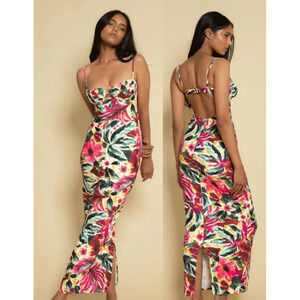 Montce Isla Floral Petal Sleeveless Bodycon Long Slip Dress Pink/Green Women's S